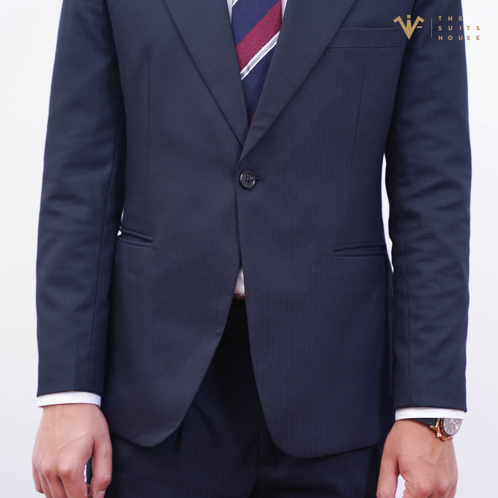 Bộ vest nam áo blazer suits quần tây xanh đen vân xương cá, form ôm, sartorial, dang đẹp, vải WOOL - The Suits House