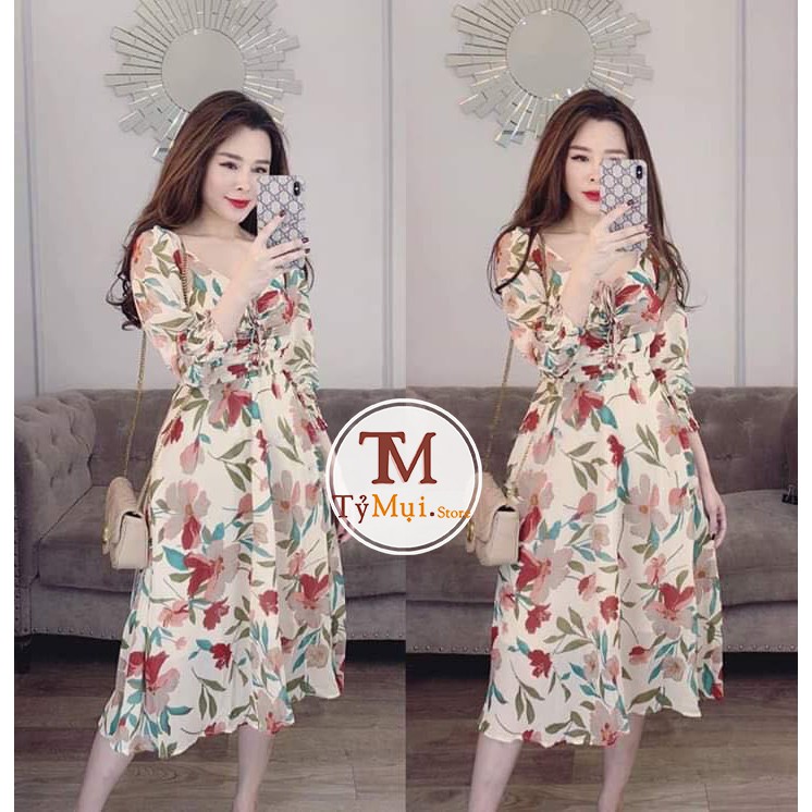 ❤️Freeship❤️ Đầm xòe voan in hoa tay dài tiểu thư