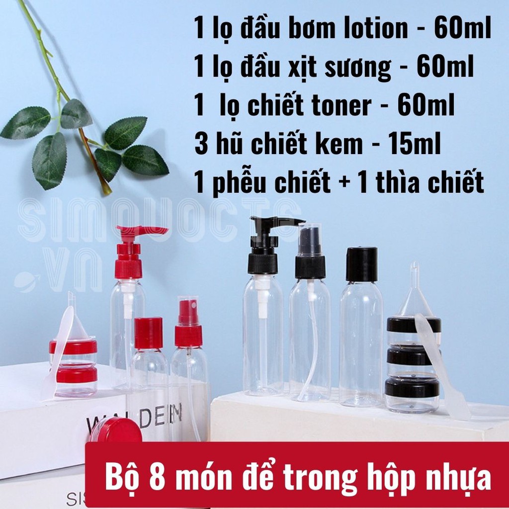 Bộ chiết mỹ phẩm 8 món để trong hộp nhựa chắc chẵn, đóng mở tiện lợi