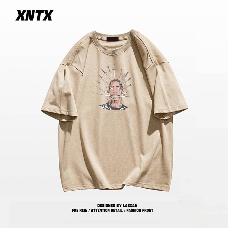 Áo thun cotton dáng rộng tay ngắn họa tiết chữ phong cách hiphop Mỹ thời trang dành cho nam V5ns