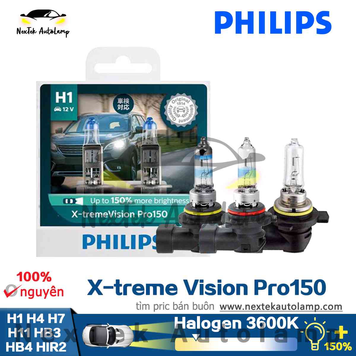 Philips Xtreme Vision Pro150 H1 H4 H7 H11 HB3 HB4 HIR2 +150% Đèn Pha Halogen ô Tô Sáng Hơn Ánh Sáng Vàng 3600K
