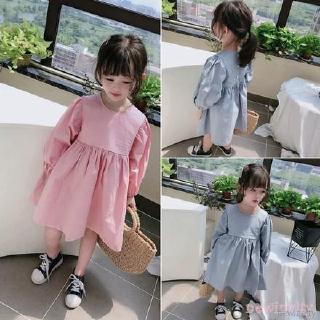 Korean Girls Dress Kids Autumn Cute Solid Color Princess Puff Sleeve Sweet Princess Dress
