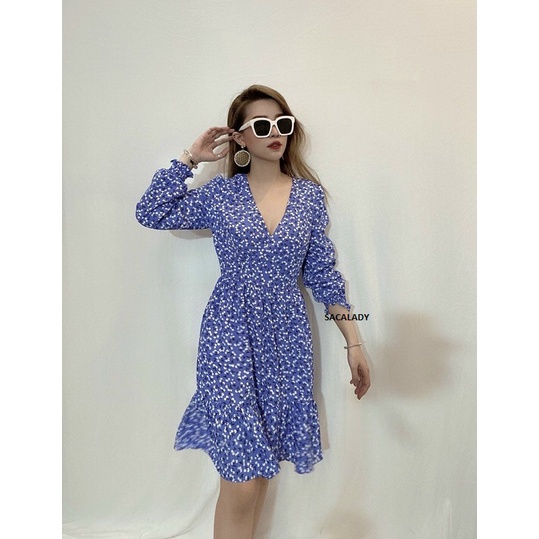 Đầm CLIRAJ Xanh Bông Trắng  - 3643D