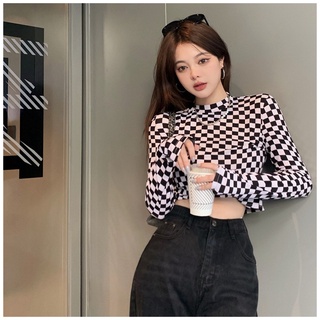 Áo thun caro dài tay thiết kế croptop thời trang sexy