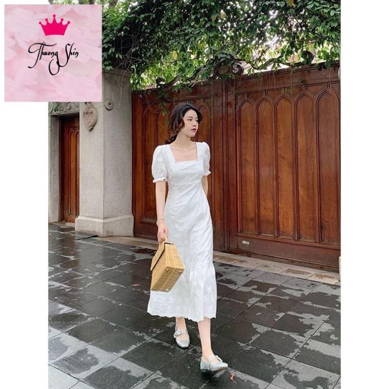 Loại 1 Váy hoa thêu cổ vuông tay bồng gấu váy xếp bèo dáng suông chữ A [Ảnh thật 5-9]