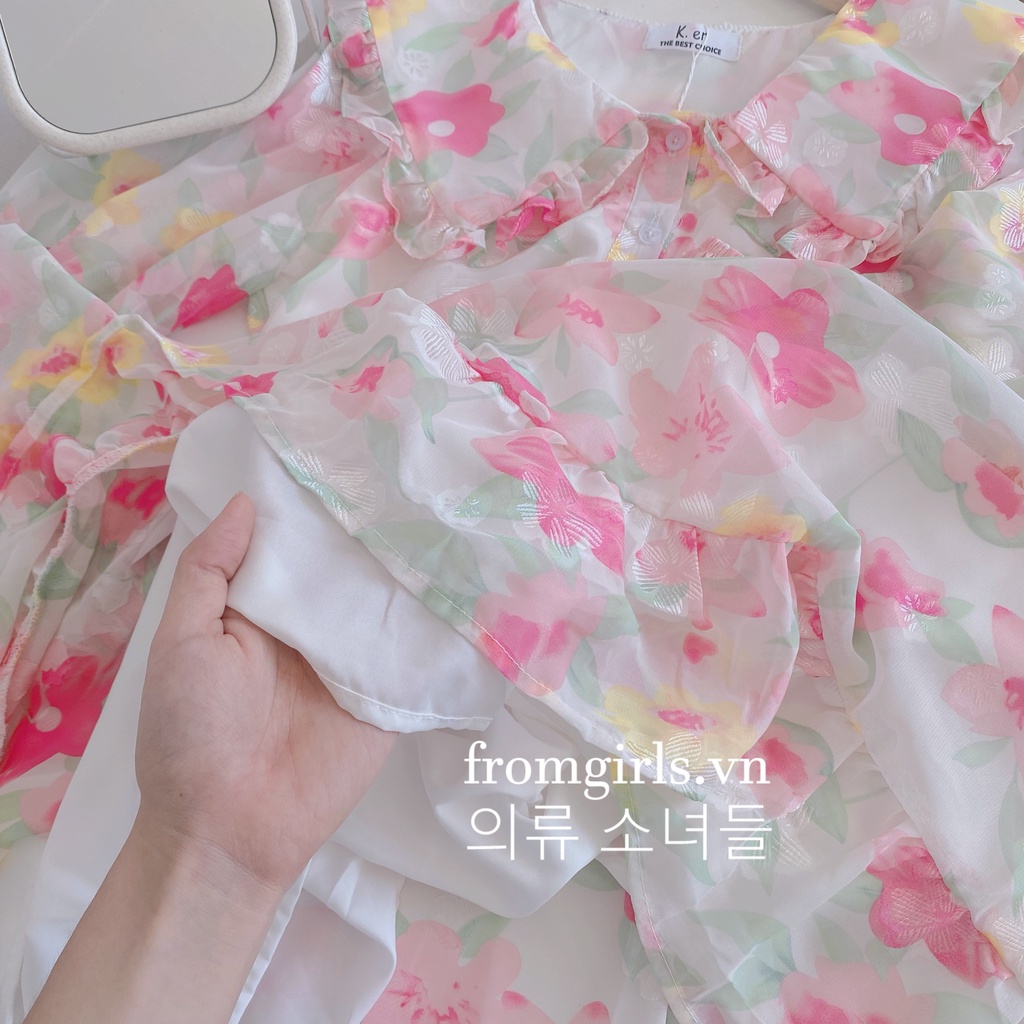 Đầm babydoll hoa hồng cổ sen, váy babydoll hoa viền bèo có dây buộc eo - V88