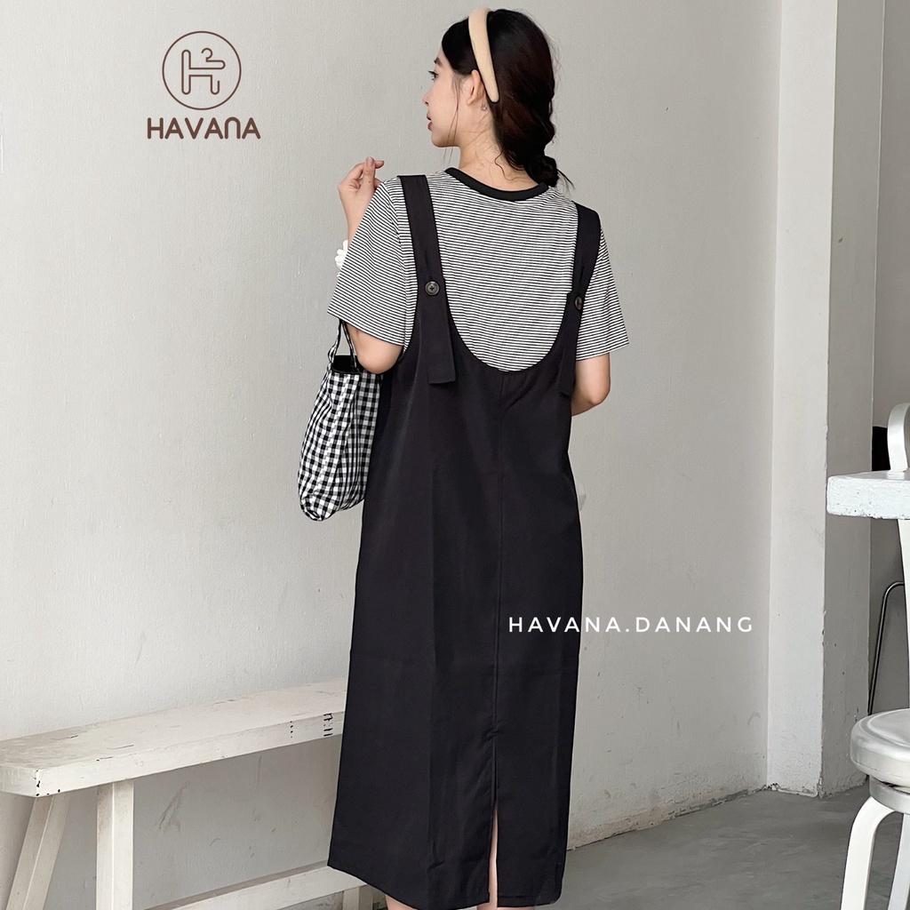 Set váy yếm kaki nữ kèm áo thun, yếm dài kèm áo thun kẻ sọc freesize hai màu AE196