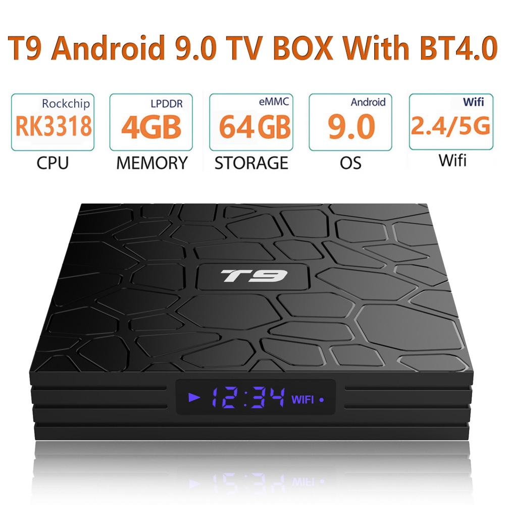 Đầu TV BOX Android 9.0 T9 4+64G Wifi Bluetooth 4.0 RK3318 kèm phụ kiện chất lượng cao