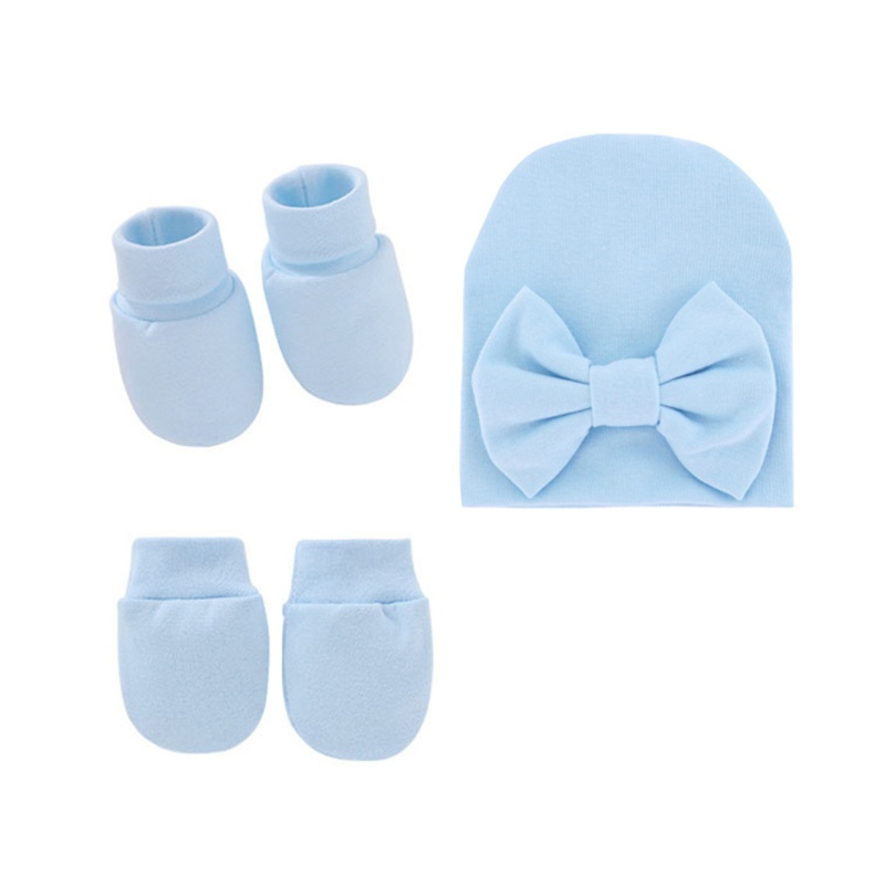 Bộ Găng Tay + Mũ + Găng Tay + Găng Tay Cotton Mềm Mại Chống Trầy Đính Nơ Xinh Xắn Cho Bé Sơ Sinh