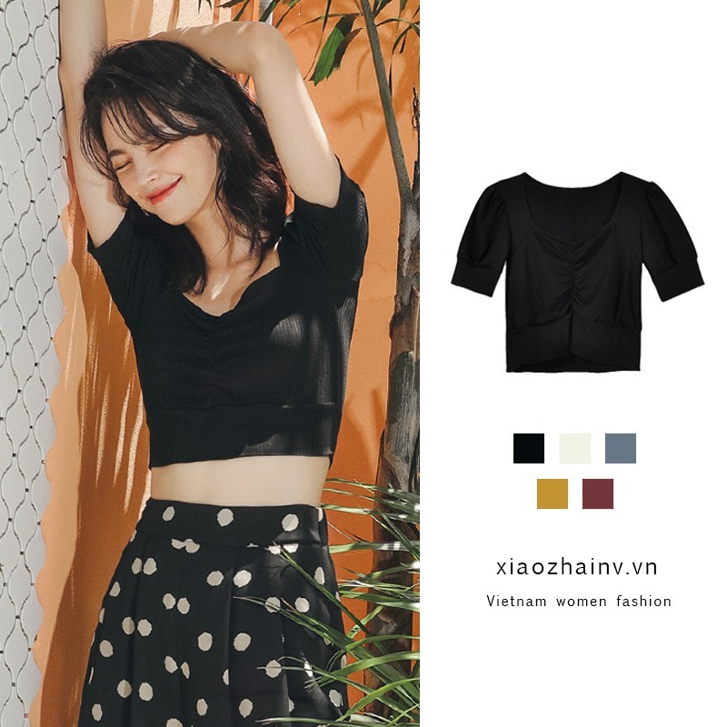 Xiaozhainv Áo thun cổ chữ V tay ngắn màu trơn phong cách Hàn Quốc xinh xắn cho nữ | BigBuy360 - bigbuy360.vn