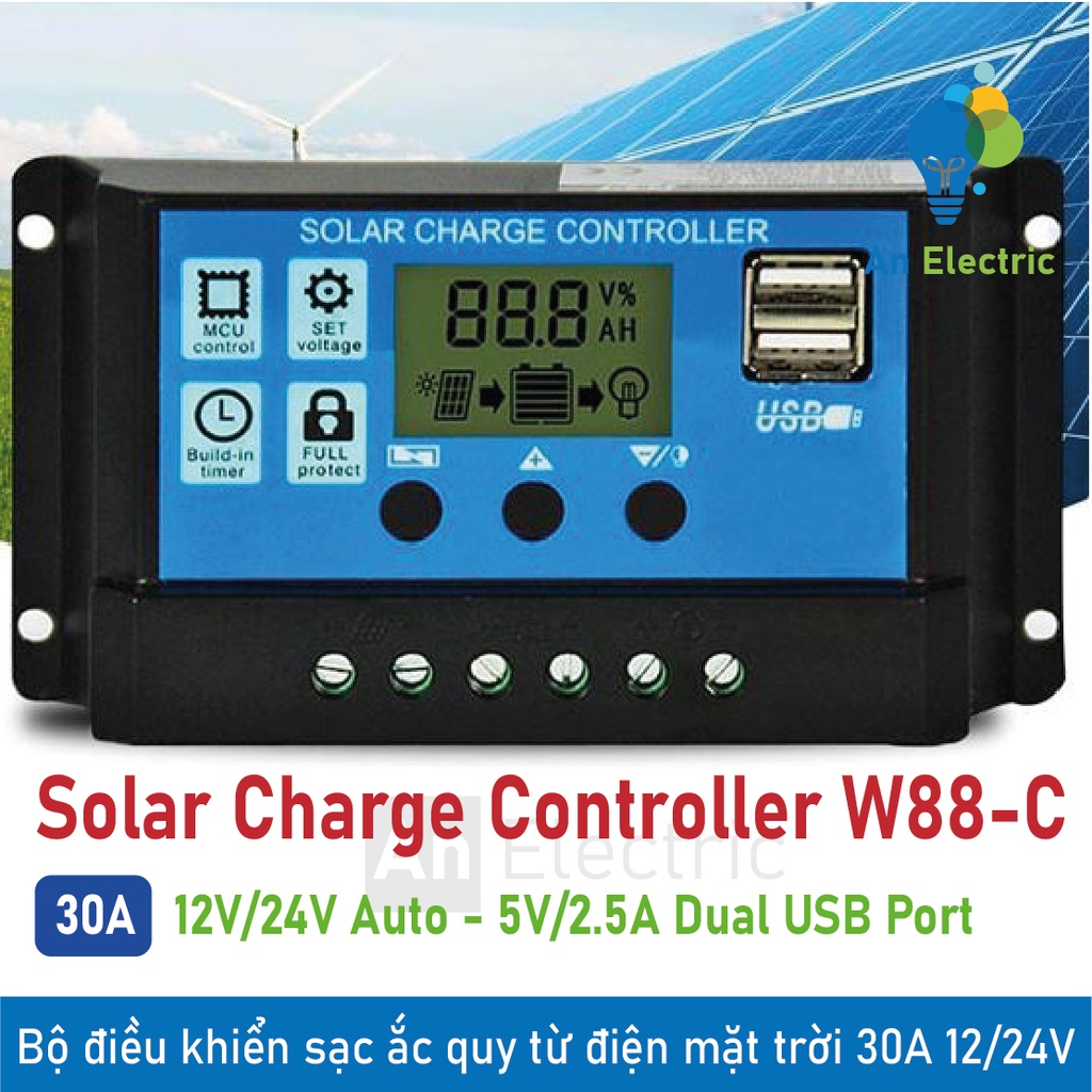 Bộ sạc ắc quy 12/24V từ năng lượng mặt trời ngõ ra 30A W88-C