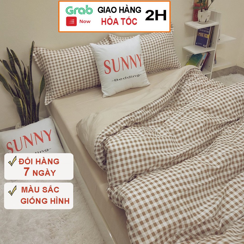 Bộ Chăn Ga Gối SUNNY Bedding Mẫu Kẻ Caro Be Vintage nâu nhẹ nhàng Cho Nệm Drap M2,M4,M6,M8,2m2 Chất Liệu Cotton Poly