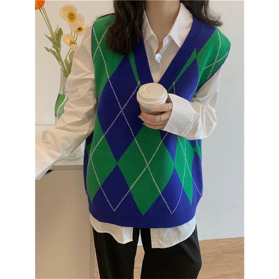 Áo Gile Nữ Len Dệt Kim Dáng Rộng Cổ V  kiểu caro kẻ Phong Cách Hàn Quốc Họa Tiết Trẻ Trung K-10.1