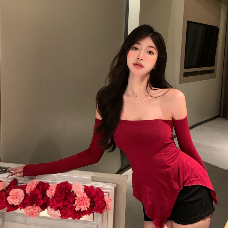 Áo thun COZOK tay dài lệch vai màu trơn ngọt ngào và gợi cảm