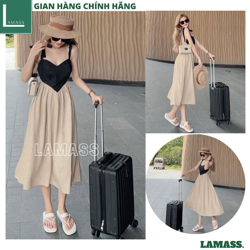 Đầm Maxi 2 Dây Ngực Trái Tim Lưng Chun - Váy Nữ Dáng Dài Vải Đũi Phối Màu đi biển đi chơi bồng bềnh - LAMASS