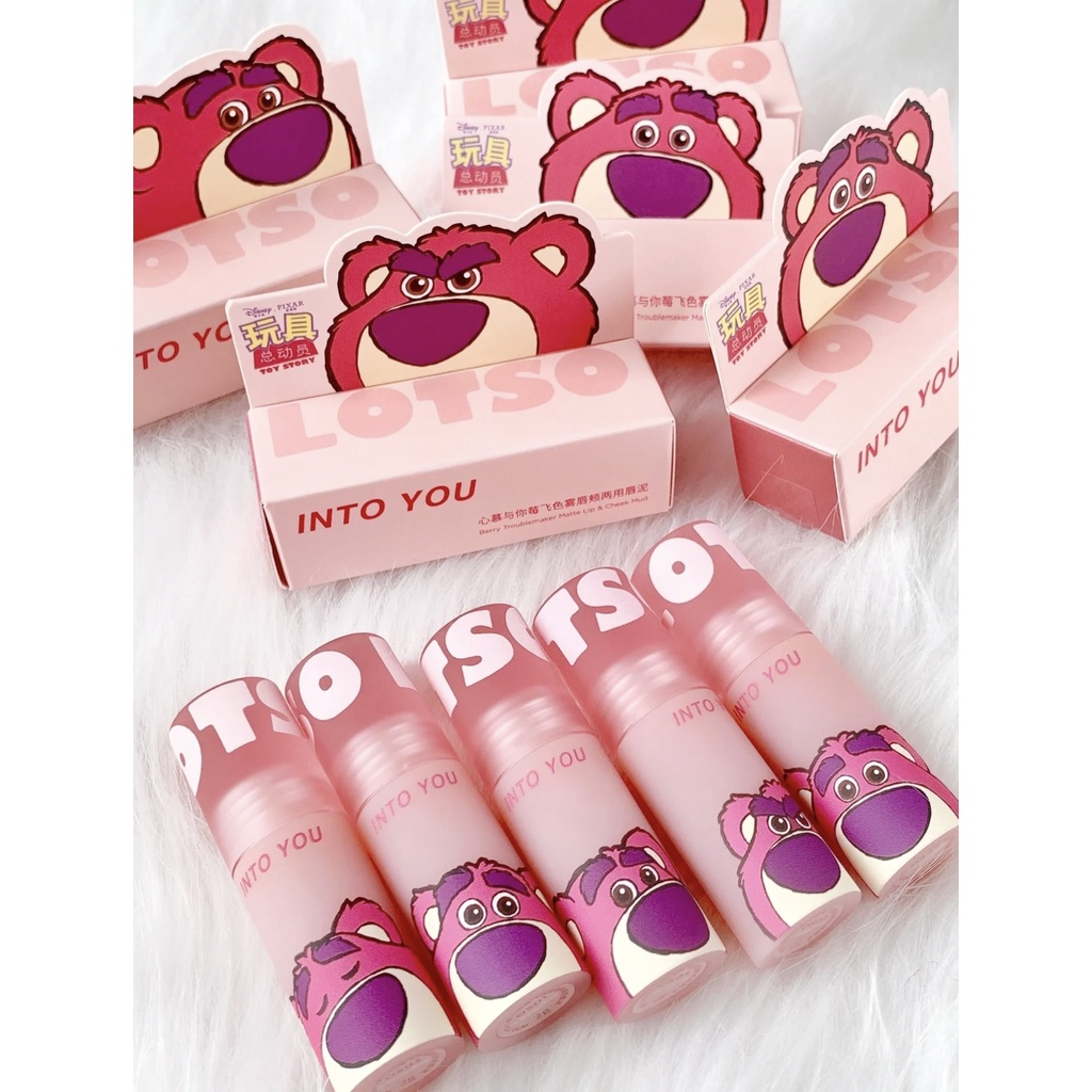 Into YOU Lotso Son Môi Dạng Bùn Pixar Dâu Tây/Gấu Màu Nhung Lì Hai Công Dụng Kép Màu Xám Hồng Dâu Tây Đỏ