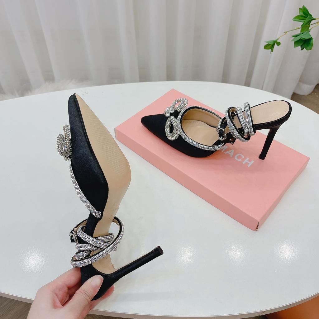 Sandal nữ cao gót, sandal lụa nơ đá dây quấn gót 10cm