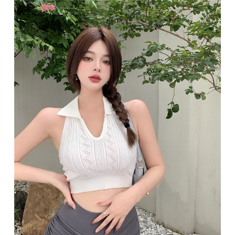COZOK Áo dệt kim cổ polo hở lưng quyến rũ cho nữ