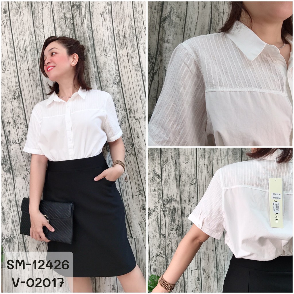 Sơmi BIG SIZE tay ngắn trắng trơn vai xếp li công sở 12426