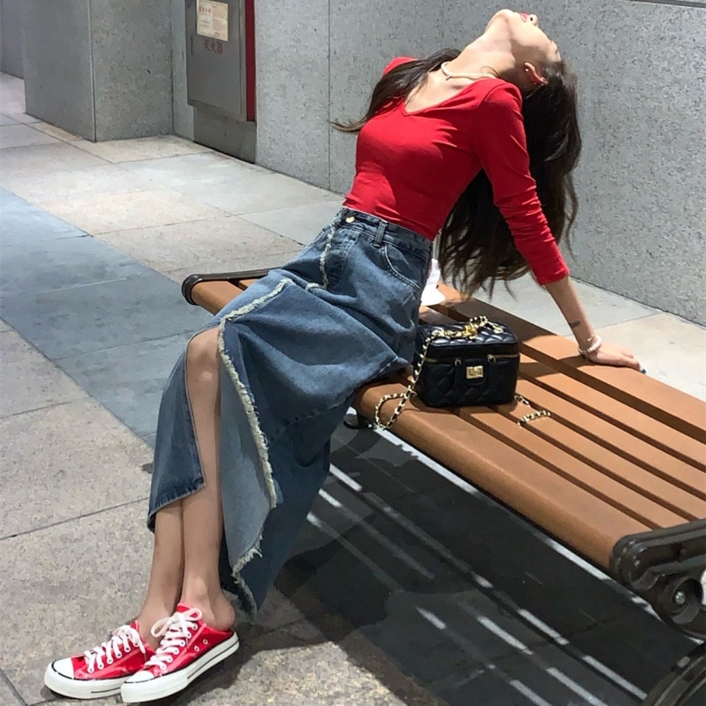 Chân Váy Bò DENIM Vạt Giữa Phong Cách Hàn Quốc C1
