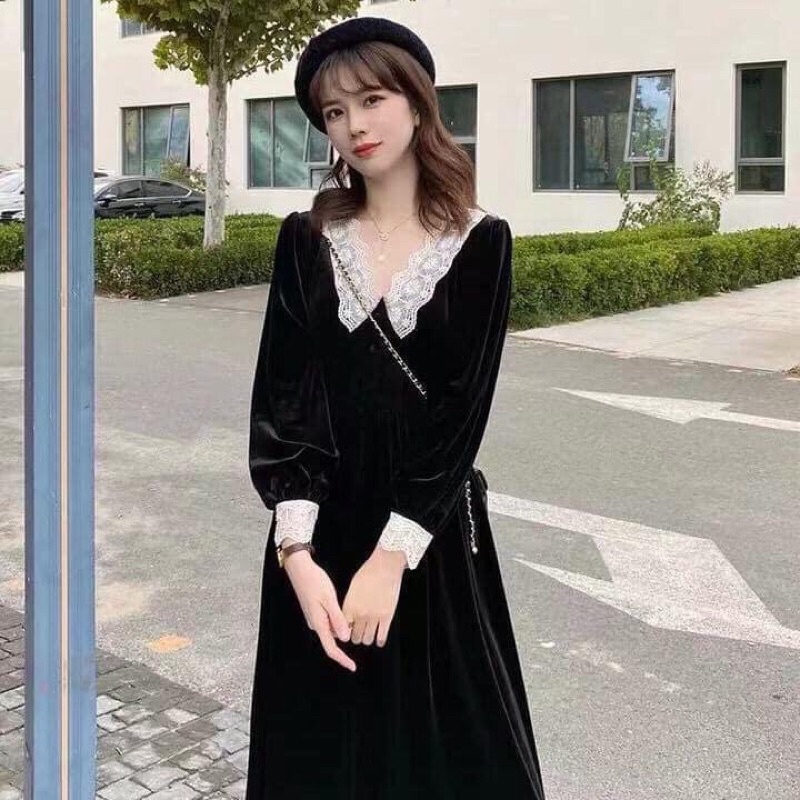 Váy nhung cổ ren siêu sang