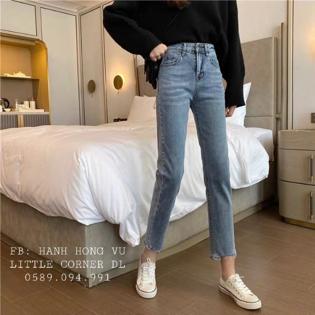 Quần slim baggy jeans nữ lưng cao gấu cắt vuông ulzzang kèm ảnh thật