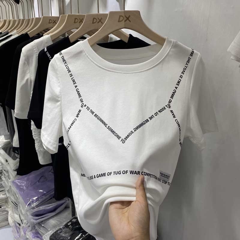 Áo Thun Cotton Tay Ngắn Hở Vai In Chữ Phong Cách Hong Kong Thanh Lịch Dễ Phối Đồ Cho Nữ Mã 95cotton