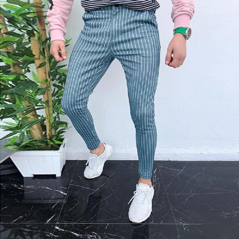 Male Trouser Retro Formal Slim fit Office Casual Skinny Striped Zipper