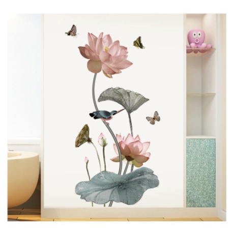 Decal giấy dán tường mẫu Hoa Sen màu cổ điển tao nhã phong cách