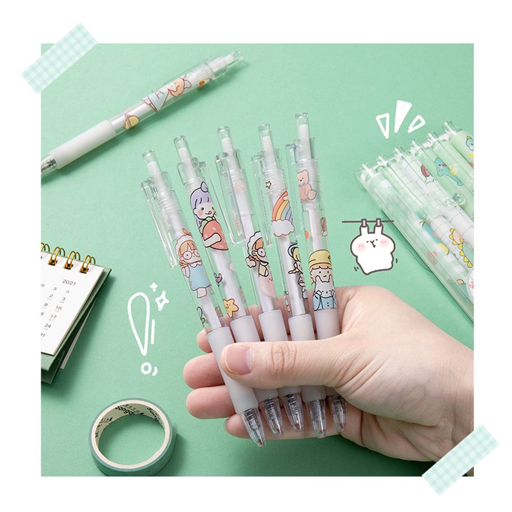 Set 6 bút gel mực đen dạng bấm họa tiết hoạt hình dễ thương