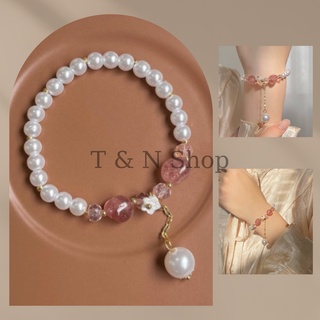 Vòng tay, lắc tay nữ đính hạt ngọc nhân tạo mix màu hồng, trắng
