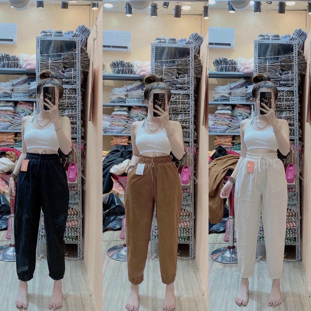 Quần baggy nữ vải nhung dây rút ống túm