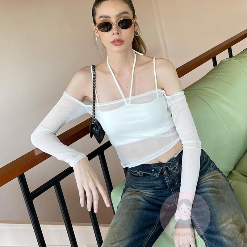 Set Áo Croptop Sát Nách + Áo Tay Dài Trễ Vai Màu Sắc Thanh Lịch Dành Cho Nữ