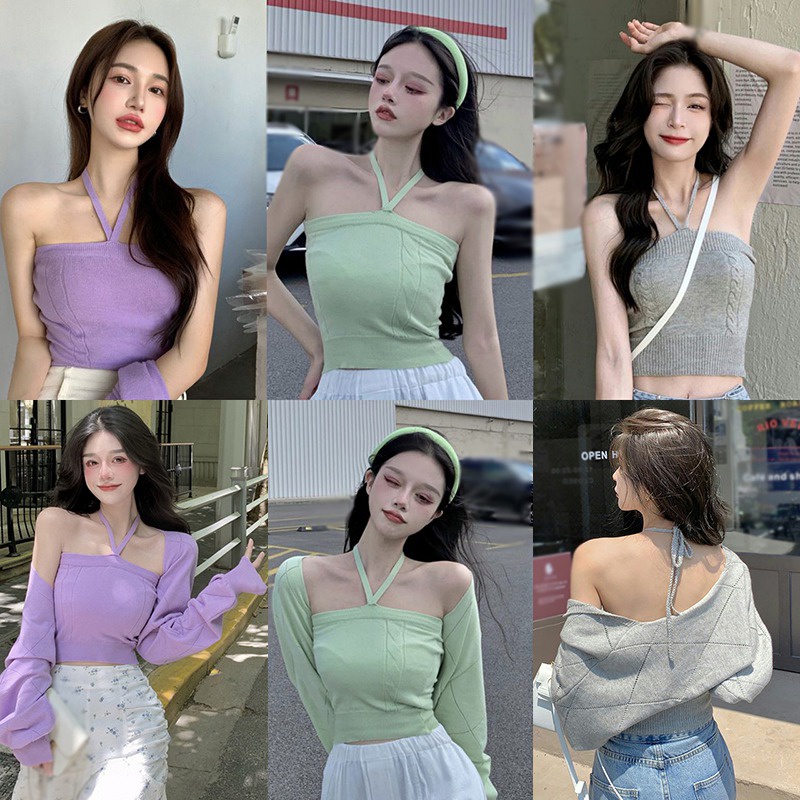 Áo hai dây dệt kim / Áo khoác cardigan dệt kim tay dài màu sắc thời trang Hàn Quốc đơn giản thanh lịch cho nữ