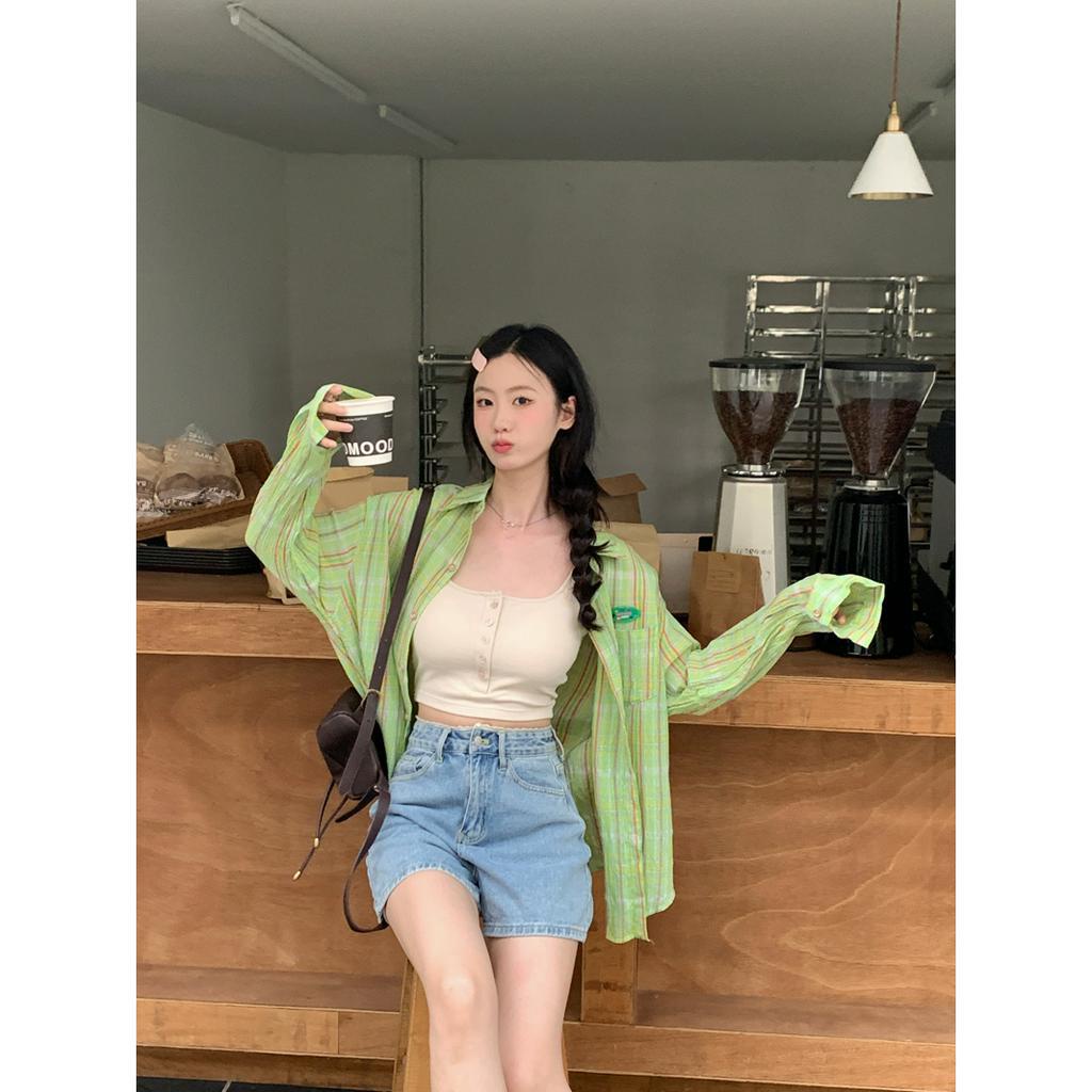 「 WELOVE1 」Áo Sơ Mi Nữ Tay Dài Dáng Rộng Họa Tiết Caro Màu Xanh Lá Phong Cách Retro Mùa Hè Mới