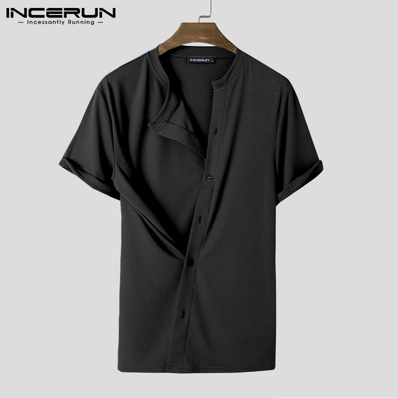 Áo sơ mi INCERUN tay ngắn dáng rộng phối nút thiết kế độc đáo thời trang cho nam