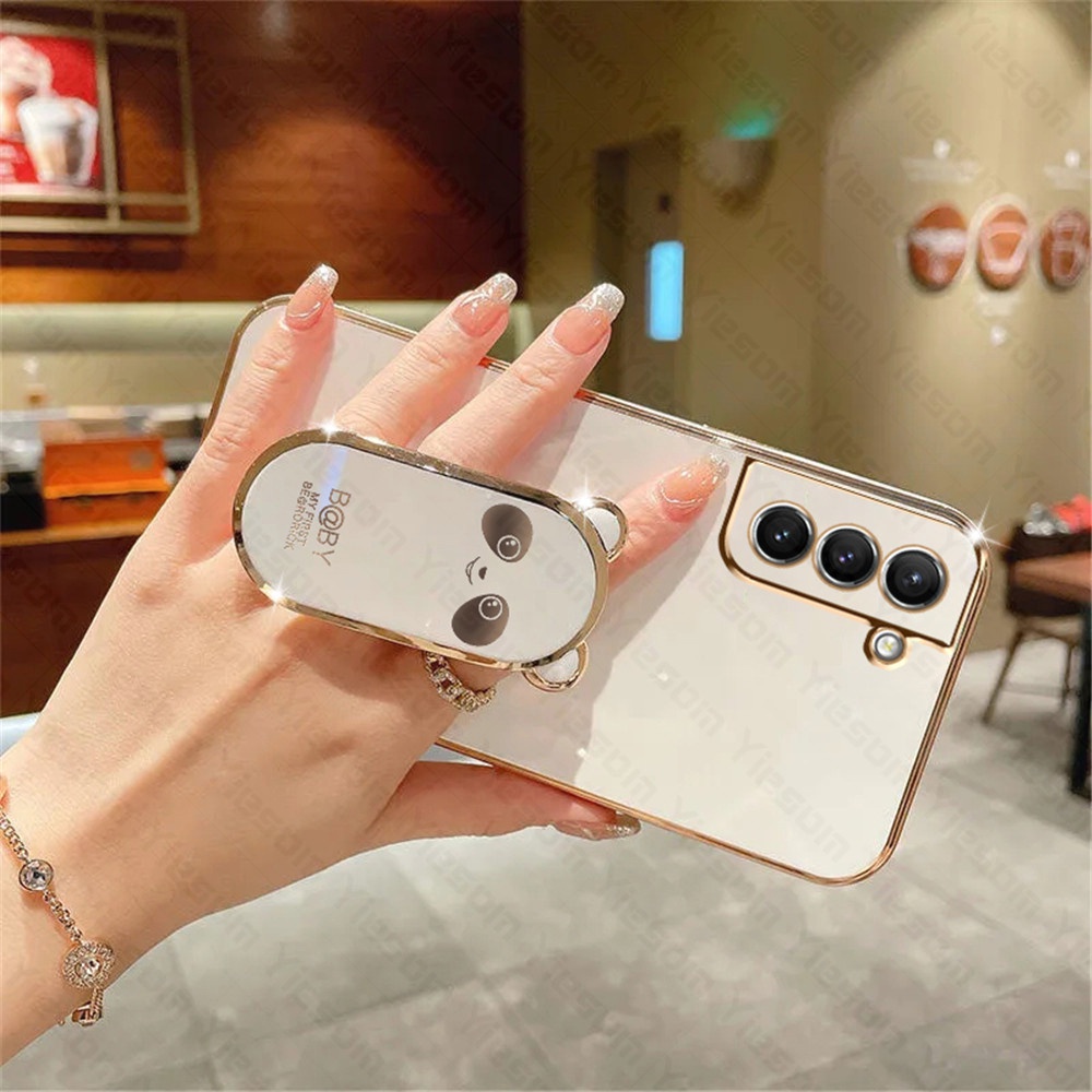 Ốp Điện Thoại Silicon Mềm Có Giá Đỡ Hình Vuông Mạ Màu Hoạt Hình Cho Samsung Galaxy S22 S21 Ultra S22 Plus S21 FE S21+