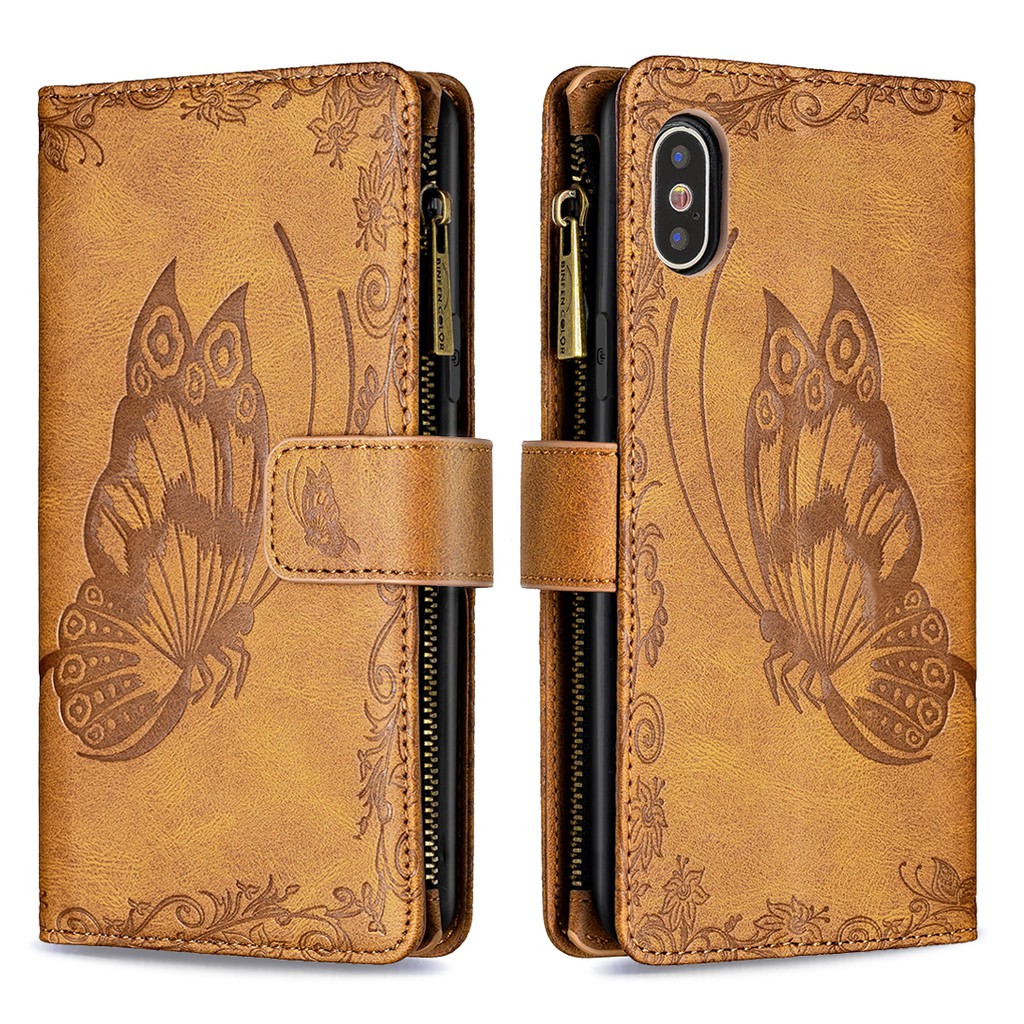 Casing zipper wallet embossed flying butterfly pattern leather phone holster case for iPhone 7/8/SE 2020/7 Plus/8 Plus/X/XS/XS Max/XR/11/11 Pro/11 Pro Max/12/12 Pro/12 Pro Max