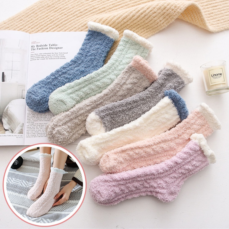 Vớ Lông Cừu San Hô Dày Ấm Áp Màu Sắc Đơn Giản Cho Nữ