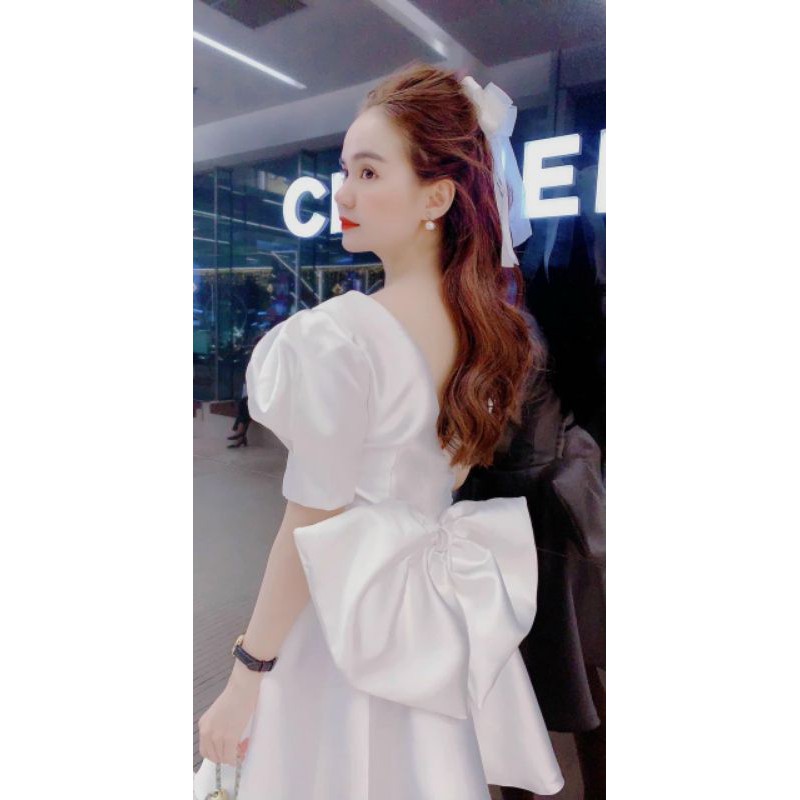 Đầm dự tiệc trắng xòe nơ lưng to Cindy Ngắn