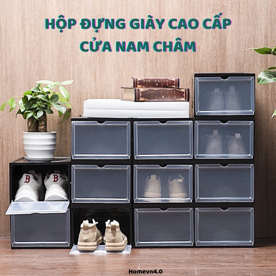 Hộp Đựng Giày Nhựa Cứng Cao Cấp Size Lớn, Cửa Nam Châm Lắp Ráp Tiện Lợi