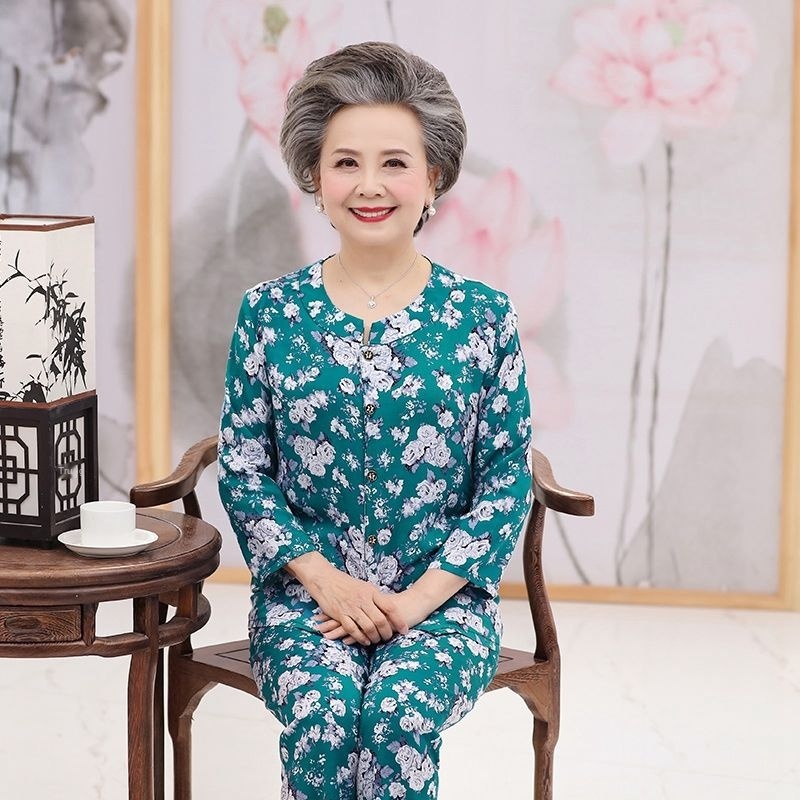 Bộ đồ ngủ dành cho người trung niên và cao tuổi của phụ nữ cotton lụa dài tay cho mẹ và bà ở nhà mùa phục vụ bộ đồ rayon | BigBuy360 - bigbuy360.vn
