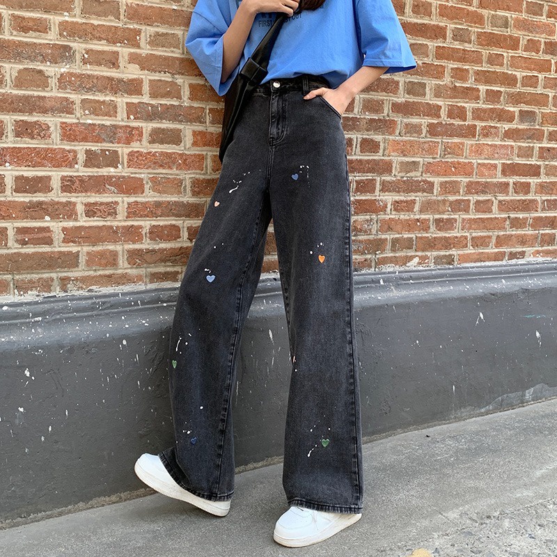 Quần Jeans Dài Lưng Cao Ống Rộng Màu Nhuộm Phong Cách Hàn Quốc Thời Trang Cho Nữ