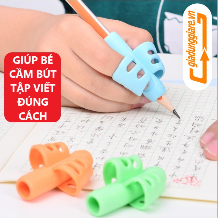 Sét 3 Dụng cụ xỏ ngón cầm bút silicon chỉnh tư thế cầm bút đúng cho bé tập viết ( có hộp )