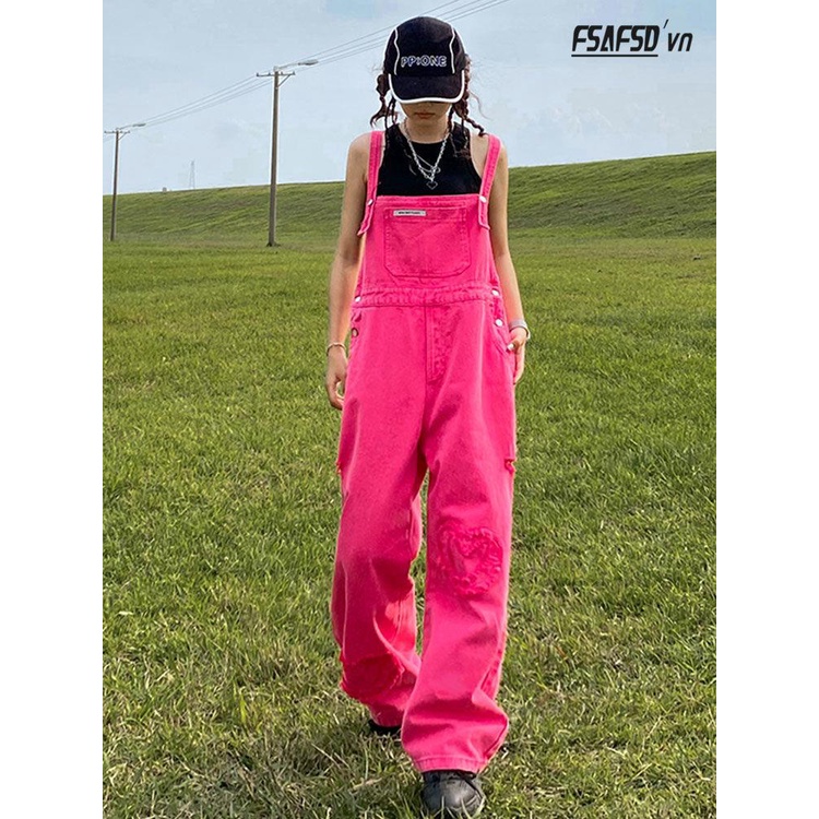 Quần Yếm Denim Ống Rộng Phong Cách Đường Phố Mới Cho Nữ