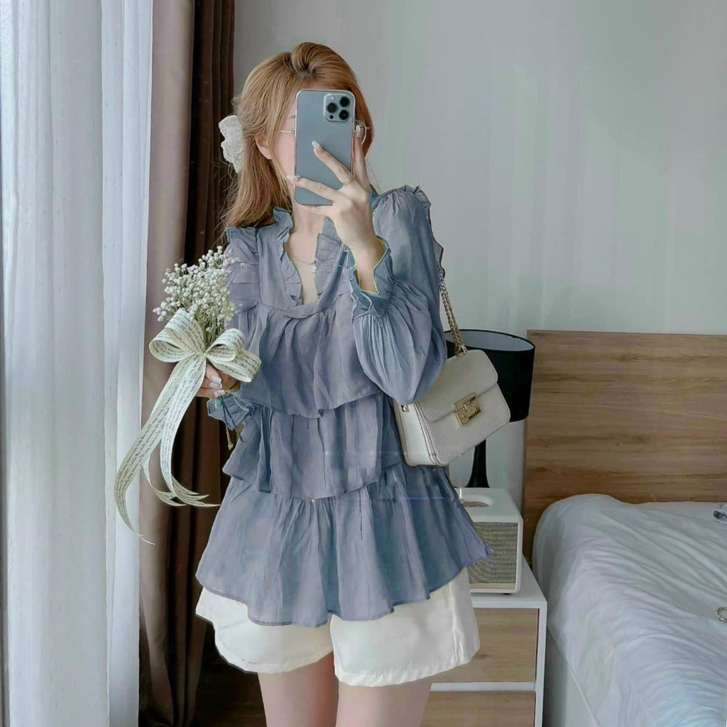 [Mã FAMARAL2 giảm 10K đơn 50K] Set áo babydoll xanh tầng cổ viền bèo phối quần short trắng lưng thun