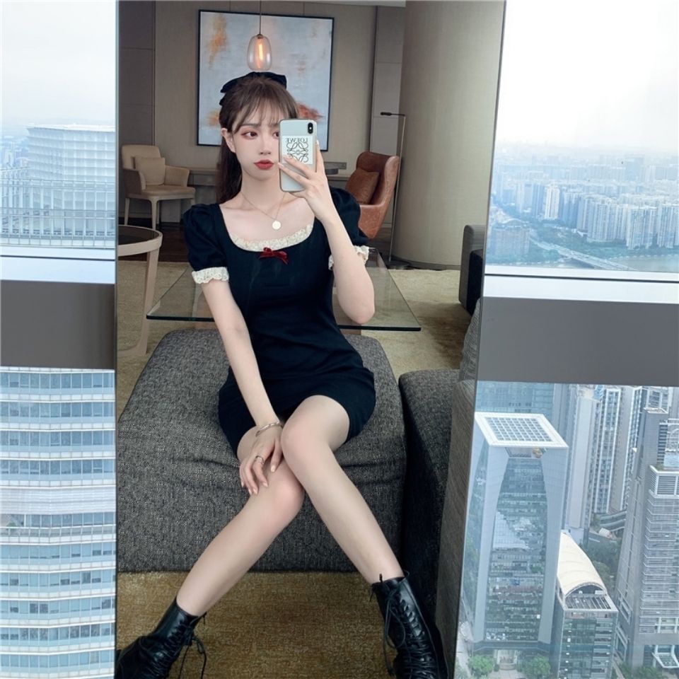 Đầm tay ngắn đính nơ phối viền ren thời trang retro cho nữ