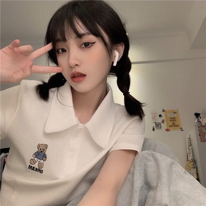 Áo thun polo thêu gấu ulzzang dễ thương - AO051