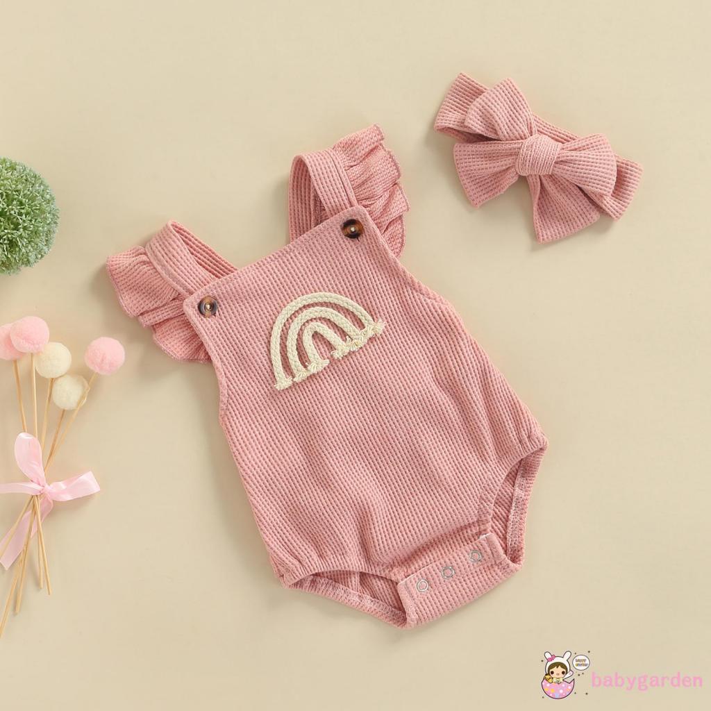 Bộ Áo Liền Quần Tam Giác Không Tay Phối Bèo Màu Cầu Vồng Kèm Băng Đô Xinh Xắn Cho Bé Gái 0-18 Tháng Tuổi
