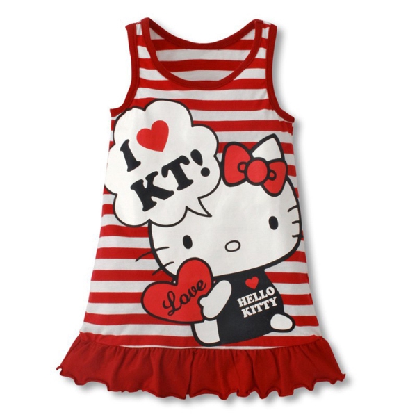 Đầm Sát Nách Kẻ Sọc Hình Hello Kitty Cho Bé Gái